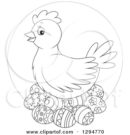 Lineart Clipart of a Black and White Chicken Hen Nesting on Easter Eggs, over a Circle - Royalty Free Outline Vector Illustration by Alex Bannykh