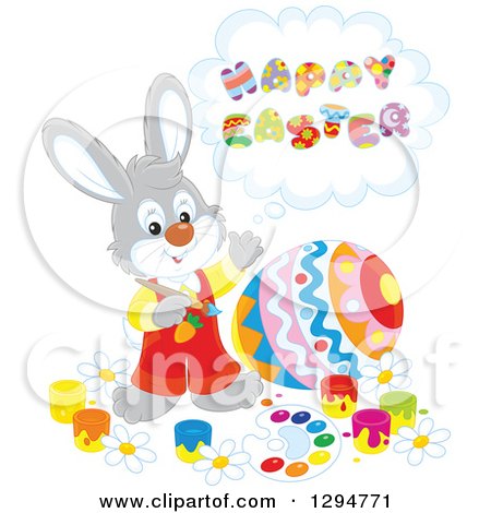 Clipart of a Happy Gray Male Bunny Rabbit Saying Happy Easter and Painting a Giant Egg - Royalty Free Vector Illustration by Alex Bannykh