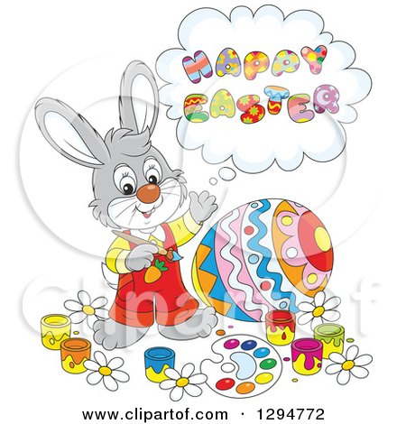 Clipart of a Happy Gray Male Bunny Saying Happy Easter and Painting a Giant Egg - Royalty Free Vector Illustration by Alex Bannykh