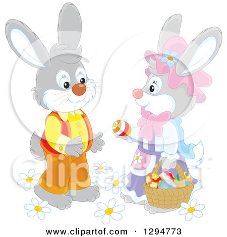 Clipart of a Happy Gray Female Rabbit Giving an Easter Egg to a Male Bunny - Royalty Free Vector Illustration by Alex Bannykh