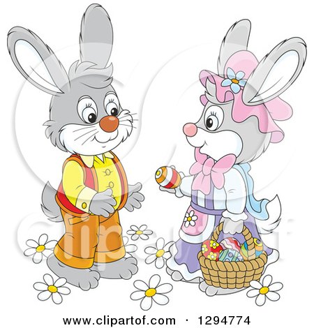 Clipart of a Happy Gray Female Bunny Giving an Easter Egg to a Male Rabbit - Royalty Free Vector Illustration by Alex Bannykh