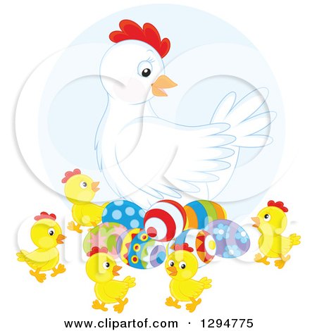 Clipart of a White Hen Chicken with Colorful Easter Eggs and Chicks - Royalty Free Vector Illustration by Alex Bannykh