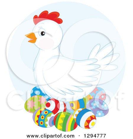 Clipart of a White Hen Nesting on Colorful Easter Eggs, over a Blue Circle - Royalty Free Vector Illustration by Alex Bannykh