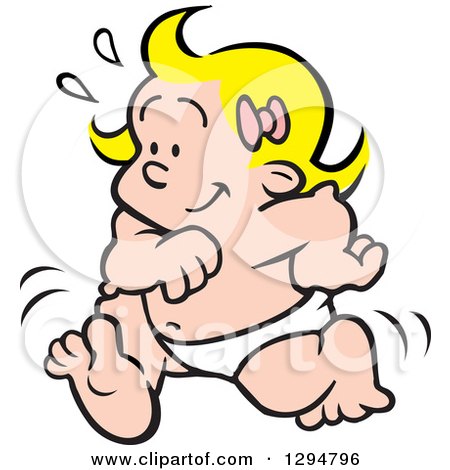 Clipart of a Cartoon Happy Blond White Baby Girl Running in a Diaper - Royalty Free Vector Illustration by Johnny Sajem