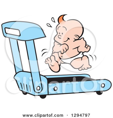 Clipart of a Cartoon Happy Red Haired White Baby Boy Running on a Blue Treadmill - Royalty Free Vector Illustration by Johnny Sajem