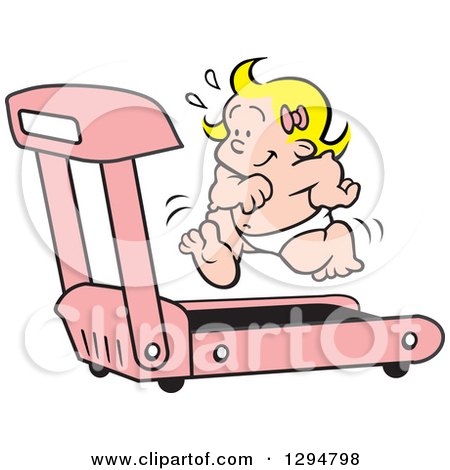 Clipart of a Cartoon Happy Blond White Baby Girl Running on a Pink Treadmill - Royalty Free Vector Illustration by Johnny Sajem