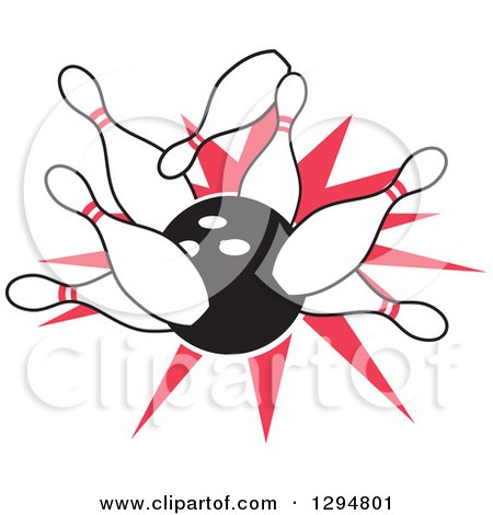 Clipart of a Black Bowling Ball Crashing into Pins with a Red Burst - Royalty Free Vector Illustration by Johnny Sajem