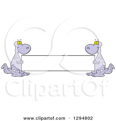 Clipart of Cartoon Purple Dinosaurs Holding a Blank Banner Sign - Royalty Free Vector Illustration by Johnny Sajem