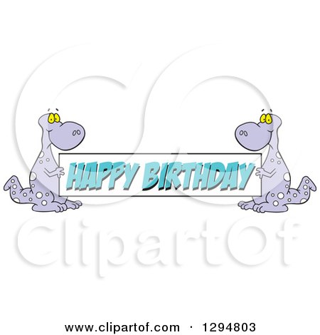 Clipart of Cartoon Purple Dinosaurs Holding a Happy Birthday Banner Sign - Royalty Free Vector Illustration by Johnny Sajem