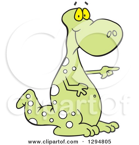 Clipart of a Cartoon Green Spotted Dinosaur Pointing to the Right - Royalty Free Vector Illustration by Johnny Sajem
