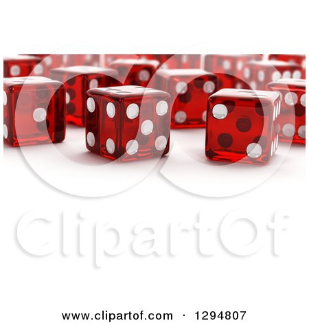 Clipart of 3d Transparent Red Dice on a Shaded White Background, with Text Space in the Front - Royalty Free CGI Illustration by stockillustrations