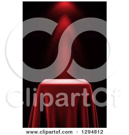 Clipart of a 3d Presentation Pedestal Table Draped with a Red Silk Cloth, with a Spotlight - Royalty Free CGI Illustration by stockillustrations