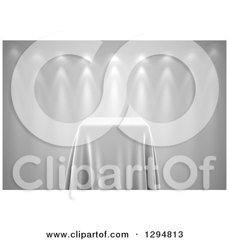 Clipart of a 3d Grayscale Presentation Pedestal Table Covered with a Silk Cloth, with Spotlights - Royalty Free CGI Illustration by stockillustrations