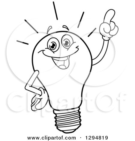 Lineart Clipart of a Black and White Smart Light Bulb Character with an Idea - Royalty Free Outline Vector Illustration by yayayoyo