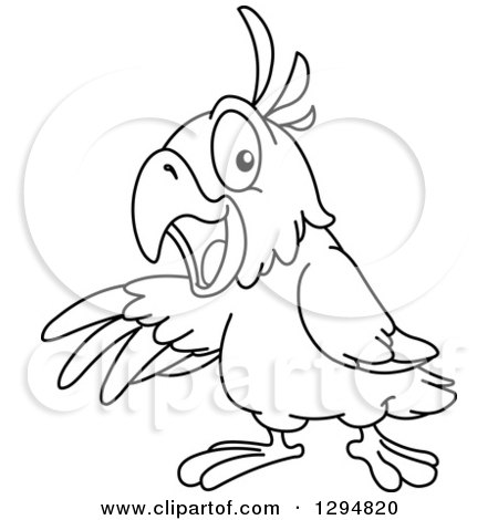 Lineart Clipart of a Black and White Parrot Presenting to the Left - Royalty Free Outline Vector Illustration by yayayoyo