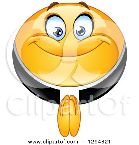 Clipart of a Happy Smiling Yellow Priest Emoticon Smiley with Prayer Hands - Royalty Free Vector Illustration by yayayoyo