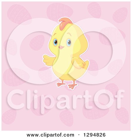 Clipart of a Cute Yellow Easter Chick Presenting over a Pattern of Pink Eggs - Royalty Free Vector Illustration by Pushkin