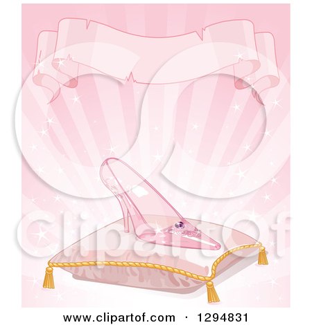 Clipart of a Glass Slipper on a Pillow over Pink Rays with a Vintage Blank Ribbon Banner - Royalty Free Vector Illustration by Pushkin