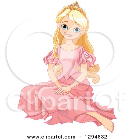 Clipart of a Happy Blond, Blue Eyed Caucasian Princess Sitting on the Floor in a Pink Dress - Royalty Free Vector Illustration by Pushkin