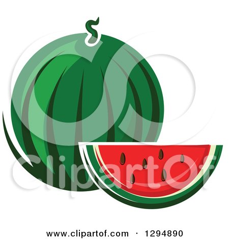 Clipart of a Round Watermelon and Wedge - Royalty Free Vector Illustration by Vector Tradition SM