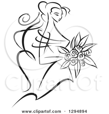 Clipart of a Sketched Black and White Bride Holding a Bouquet of Flowers and Facing Right - Royalty Free Vector Illustration by Vector Tradition SM