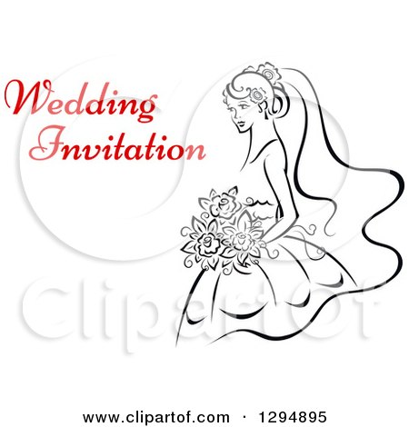 Clipart of a Sketched Black and White Bride Holding a Bouquet of Flowers with Red Text 2 - Royalty Free Vector Illustration by Vector Tradition SM