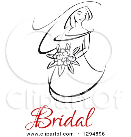 Clipart of a Sketched Black and White Bride Holding a Bouquet of Flowers with Red Text 4 - Royalty Free Vector Illustration by Vector Tradition SM