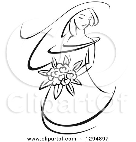 Clipart of a Sketched Black and White Bride Holding a Bouquet of Flowers and Facing Left 3 - Royalty Free Vector Illustration by Vector Tradition SM