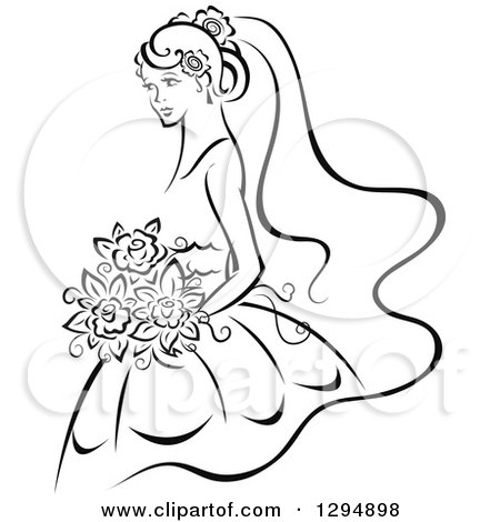 Clipart of a Sketched Black and White Bride Holding a Bouquet of Flowers and Facing Left 2 - Royalty Free Vector Illustration by Vector Tradition SM