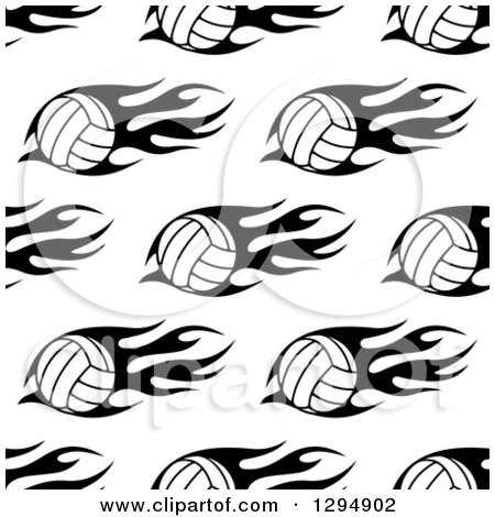 Clipart of a Seamless Background Pattern of Black and White Flaming Volleyballs - Royalty Free Vector Illustration by Vector Tradition SM