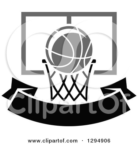 Clipart of a Grayscale Basketball and Hoop over a Blank Black Banner - Royalty Free Vector Illustration by Vector Tradition SM