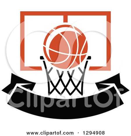Clipart of a Basketball and Hoop over a Blank Black Banner - Royalty Free Vector Illustration by Vector Tradition SM