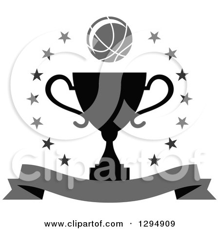 Clipart of a Grayscale Basketball over a Black Trophy in a Circle of Stars with a Blank Banner - Royalty Free Vector Illustration by Vector Tradition SM