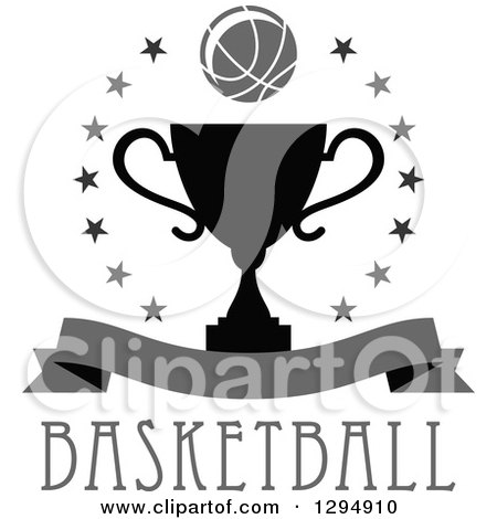 Clipart of a Grayscale Basketball in a Circle of Stars over a Black Trophy, Blank Banner and Text - Royalty Free Vector Illustration by Vector Tradition SM