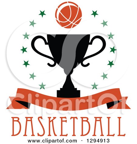 Clipart of a Basketball in a Circle of Stars over a Black Trophy, Blank Banner and Text - Royalty Free Vector Illustration by Vector Tradition SM