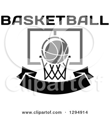 Clipart of Text over a Grayscale Basketball and Hoop over a Blank Black Banner - Royalty Free Vector Illustration by Vector Tradition SM