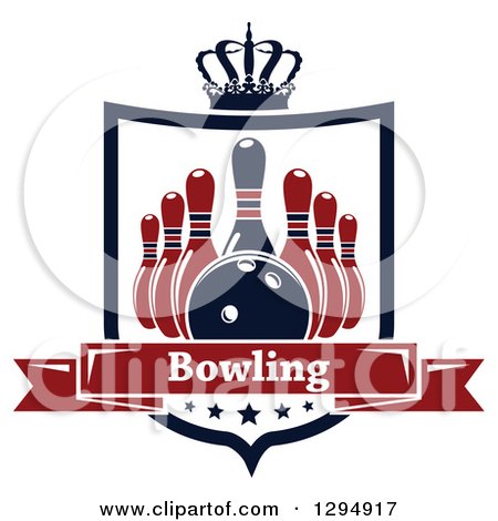 Clipart of a Navy Blue and Red Bowling Ball and Pins in a Shield with a Crown, Stars and Text Banner - Royalty Free Vector Illustration by Vector Tradition SM