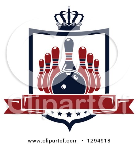 Clipart of a Navy Blue and Red Bowling Ball and Pins in a Shield with a Crown, Stars and Blank Banner - Royalty Free Vector Illustration by Vector Tradition SM