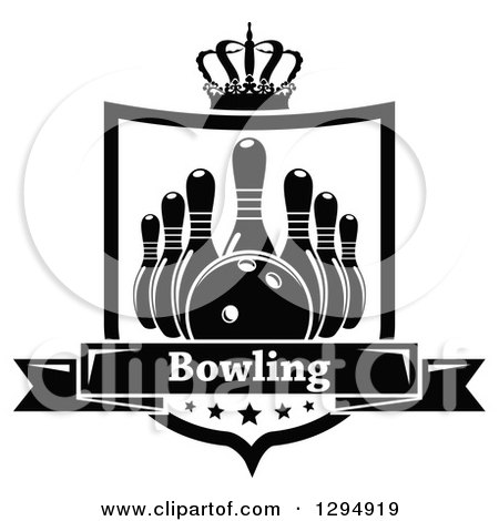 Clipart of a Black and White Bowling Ball and Pins in a Shield with a Crown, Stars and Text Banner - Royalty Free Vector Illustration by Vector Tradition SM