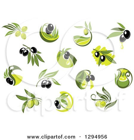Clipart of Black and Green Olive Designs and Oil - Royalty Free Vector Illustration by Vector Tradition SM