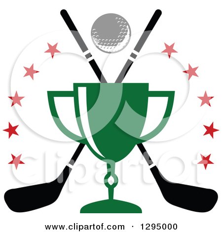 Clipart of a Golf Ball over Crossed Clubs, a Green Trophy and Red Stars - Royalty Free Vector Illustration by Vector Tradition SM