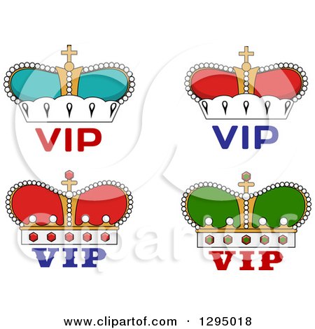 Clipart of Cartoon Red, Turquoise, Green and Gold Crowns over VIP Text - Royalty Free Vector Illustration by Vector Tradition SM