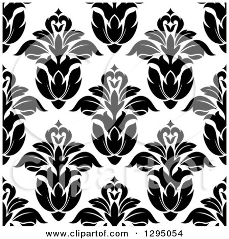 Clipart of a Seamless Pattern Background of Vintage Black Floral on White - Royalty Free Vector Illustration by Vector Tradition SM