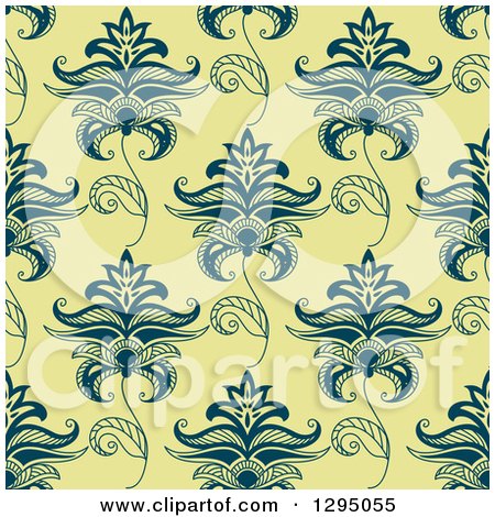 Clipart of a Background Pattern of Seamless Navy Blue Henna Flowers on Yellow - Royalty Free Vector Illustration by Vector Tradition SM