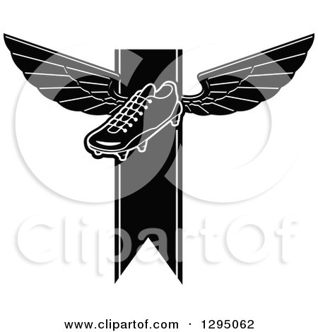 Clipart of a Black and White Winged Soccer Cleat Shoe over a Ribbon - Royalty Free Vector Illustration by Vector Tradition SM