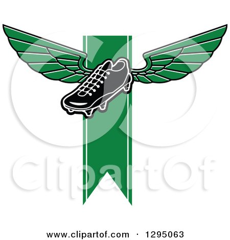 Clipart of a Black and White Winged Soccer Cleat Shoe over a Green Ribbon - Royalty Free Vector Illustration by Vector Tradition SM