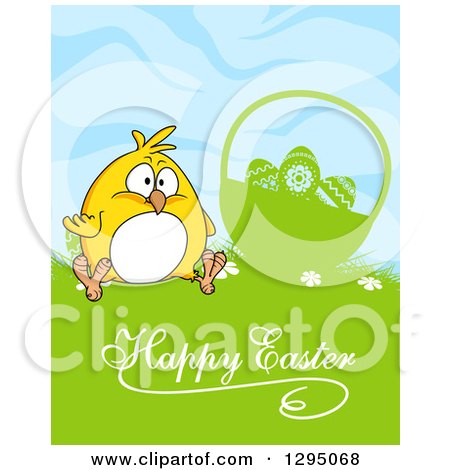 Clipart of a Yellow Chick Sitting by a Silhouetted Basket in Grass with Happy Easter Text - Royalty Free Vector Illustration by Vector Tradition SM