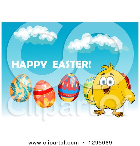Clipart of a Cartoon Happy Yellow Chick with Eggs and Happy Easter Text Against Sky - Royalty Free Vector Illustration by Vector Tradition SM