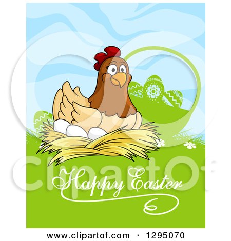 Clipart of a Happy Nesting Hen by a Silhouetted Basket in Grass with Happy Easter Text - Royalty Free Vector Illustration by Vector Tradition SM