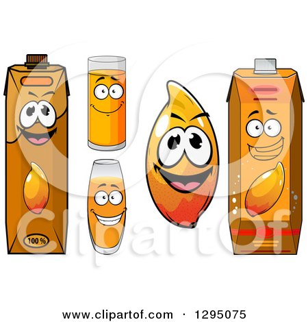 Clipart of a Happy Mango Character, Cups and Juice Cartons - Royalty Free Vector Illustration by Vector Tradition SM